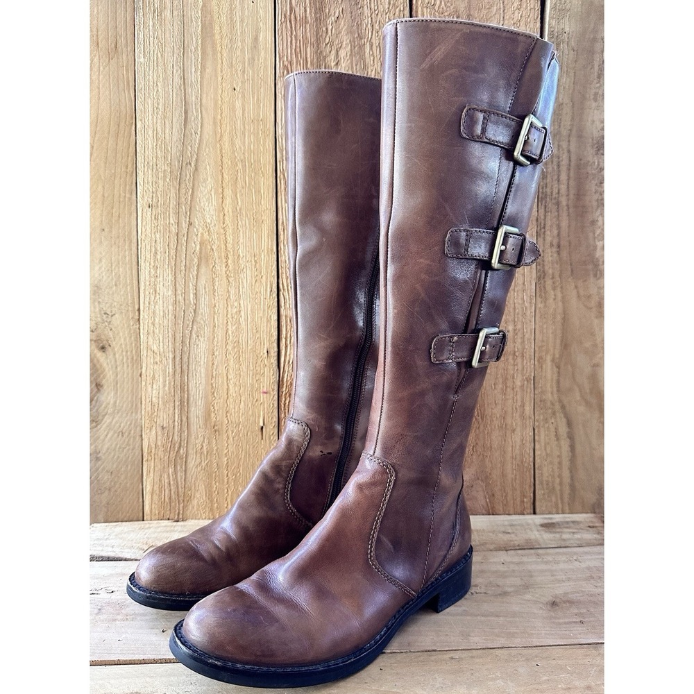 ECCO Hobart Tall Buckle Boots Brown Leather Side Zip Women's Sz 6  EUR 36